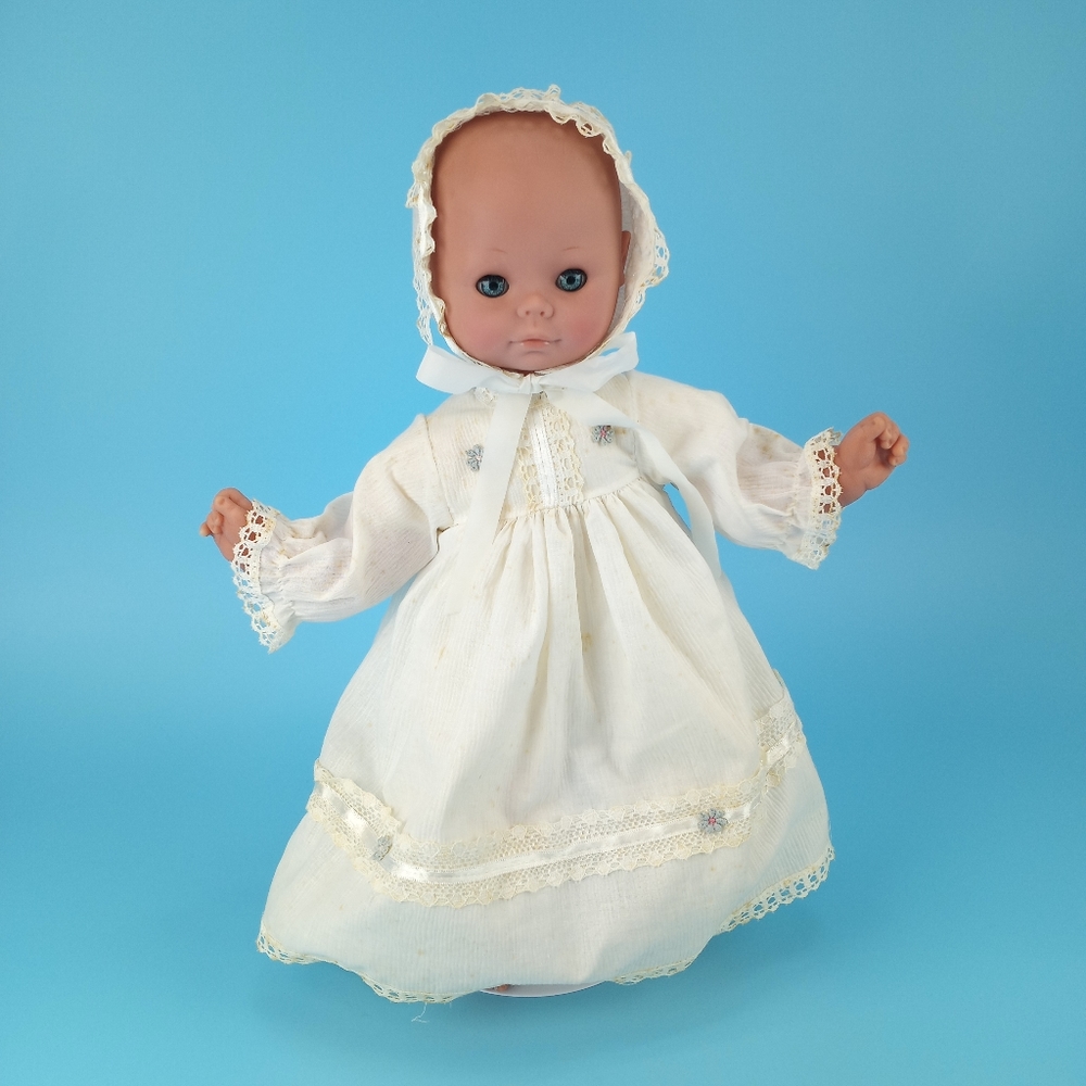 Vintage Italy Baby Doll 18" Open Close Sleep Eyes + Bonnet & Christening Dress